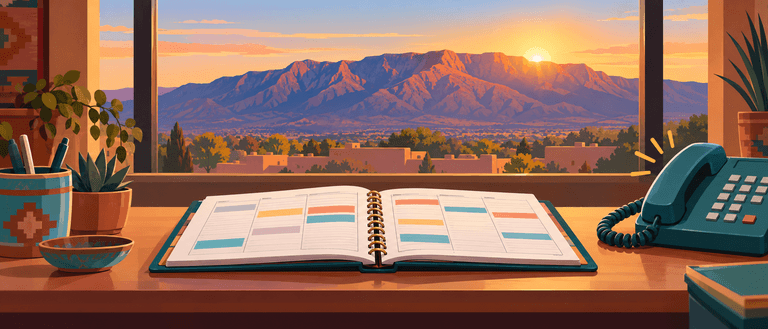 Illustration of an open planner with colored blocks and a telephone on a desk, with mountains and a town outside the window.