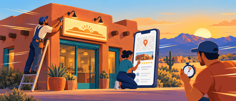 Illustration of three people outside an adobe shop. One stands on a ladder with a wrench at the sign, one kneels beside a large phone showing a map pin, and one holds a stopwatch.