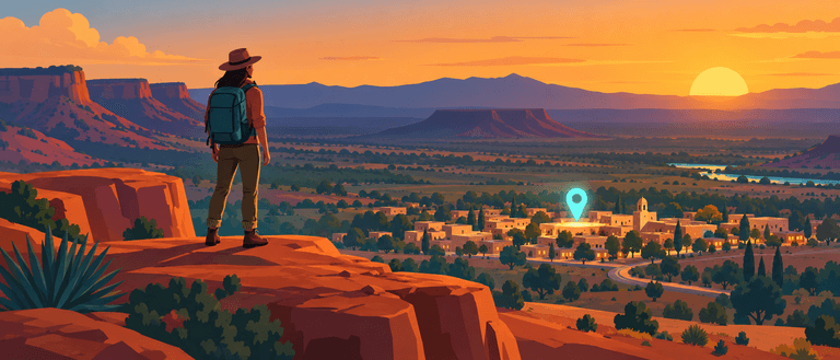 Illustration of a person with a backpack standing on a red rock ledge, looking across a valley town at sunset. A turquoise map pin marks one building.