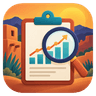 Rounded icon of a clipboard with bars and an arrow, under a magnifying glass, with adobe buildings and a sun behind it.