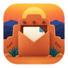 Rounded icon of an envelope shaped like an adobe doorway, with a sheet of paper inside and a sun over distant mountains.