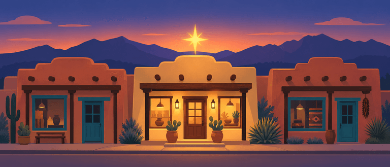 Illustration of three adobe storefronts at dusk. The center shop is lit, and a gold star sits above its doorway.